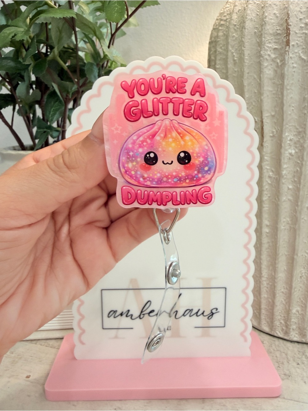 Pink Glitter Dumpling Badge Reel